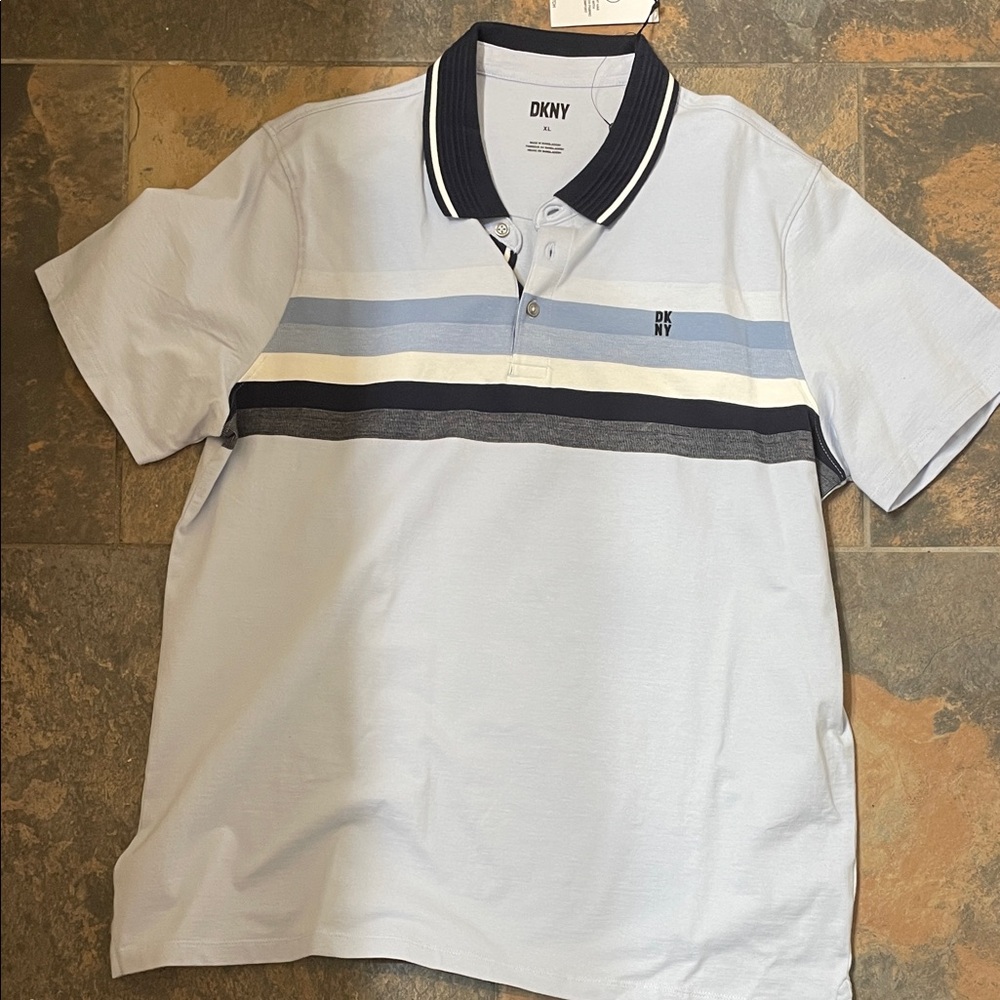 DKNY Men's Polo Shirt with Blue and White Stripes